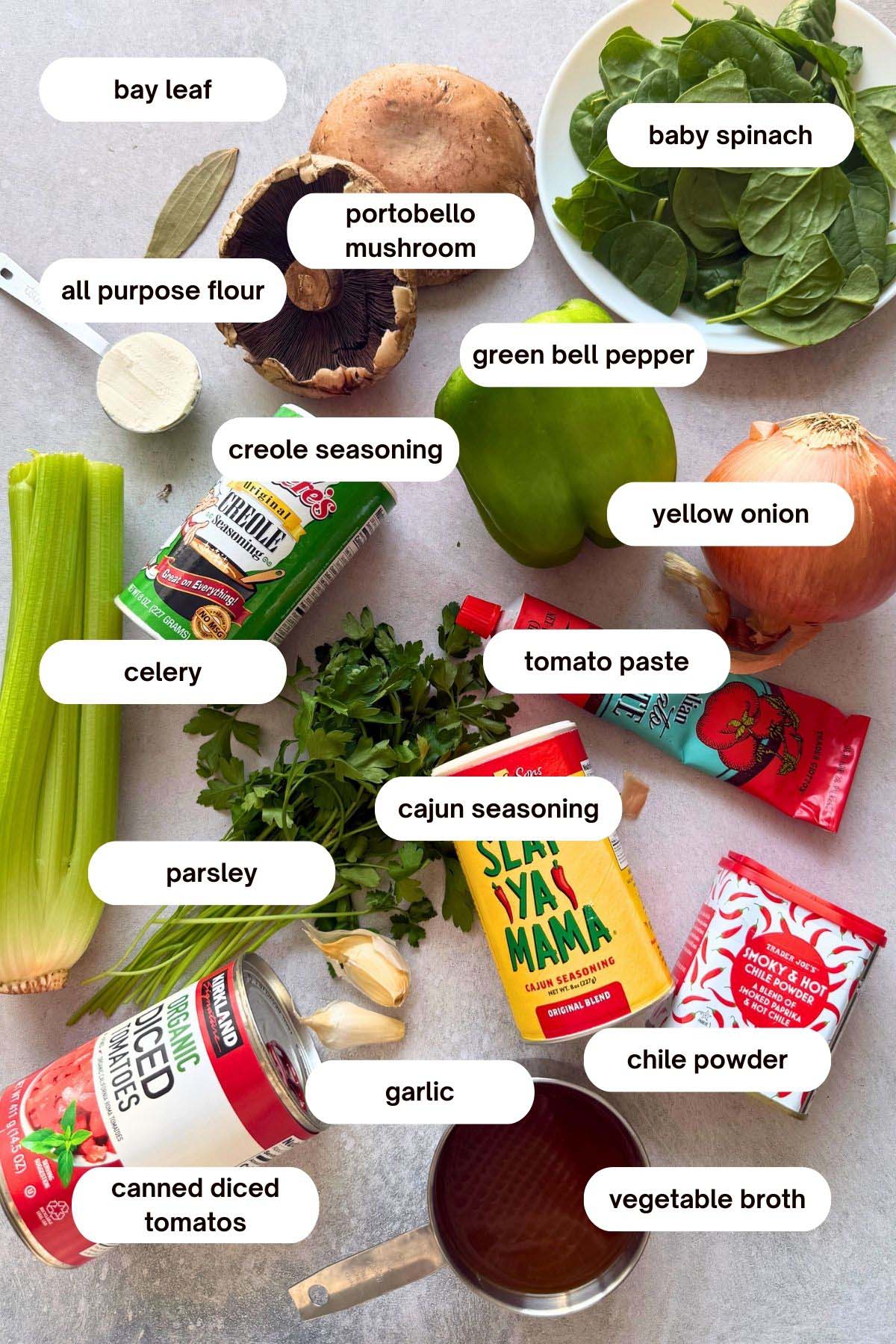vegan portobello mushroom etouffee ingredients celery, onion, garlic, green bell pepper, portobello mushrooms, cajun seasoning, creole seasoning, all purpose flour, olive oil, vegetable broth, chile powder, tomato paste, diced tomatoes, parsley, lemon