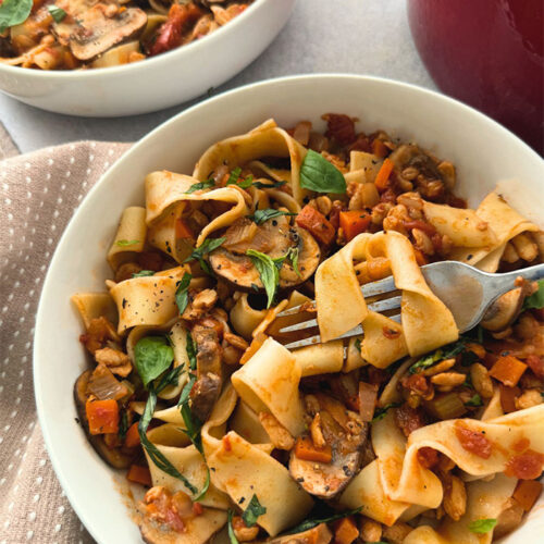 Vegan and dairy free pappardelle with tempeh mushroom bolognese sauce