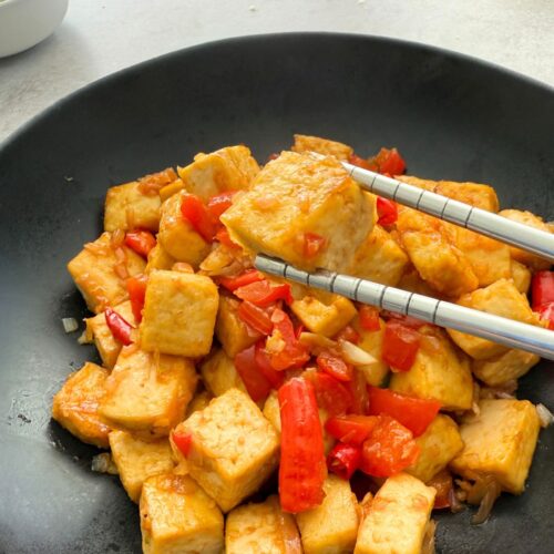 crispy vegan tofu sisig made in air fryer with fillipino sisig sauce