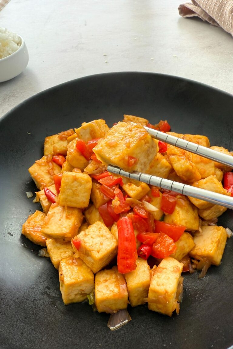 crispy vegan tofu sisig made in air fryer with fillipino sisig sauce