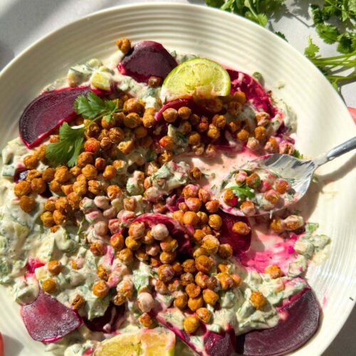 indian inspired curry roasted chickpea with beetroot and yogurt recipe