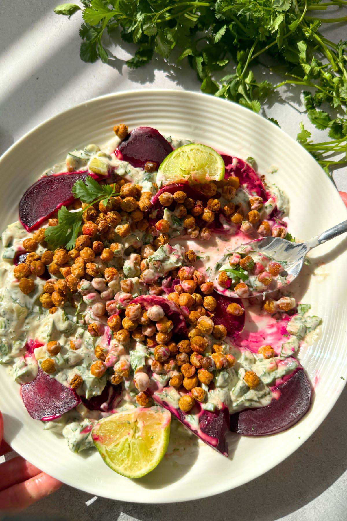 indian inspired curry roasted chickpea with beetroot and yogurt recipe