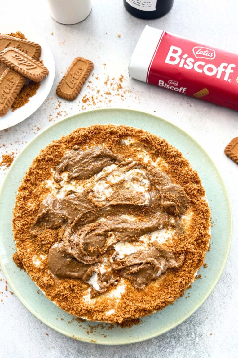 vegan biscoff cheesecake that is no bake made with cashes, coconut milk, and biscoff cookie crust