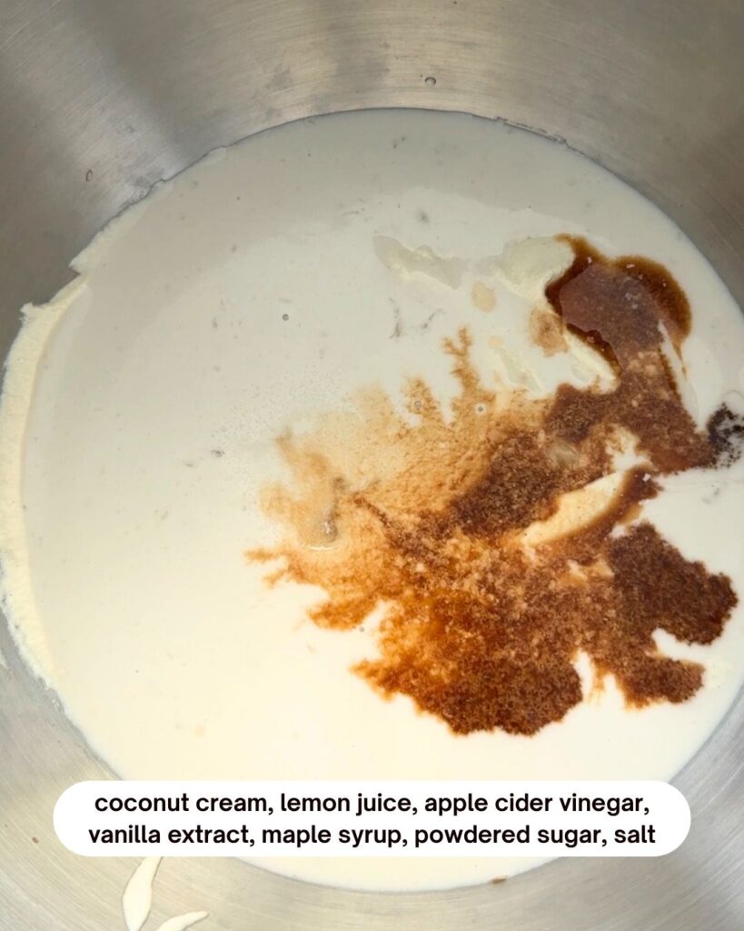 vegan biscoff cheesecake filling ingredients soy milk, cashews, vanilla extract, maple syrup, salt, powdered sugar, coconut cream