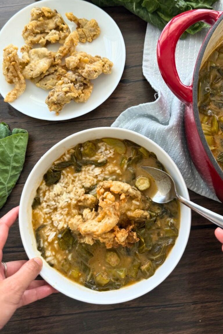 vegan green gumbo or gumbo z'herbes with okra, collard greens, swiss chard, and crispy oyster mushrooms