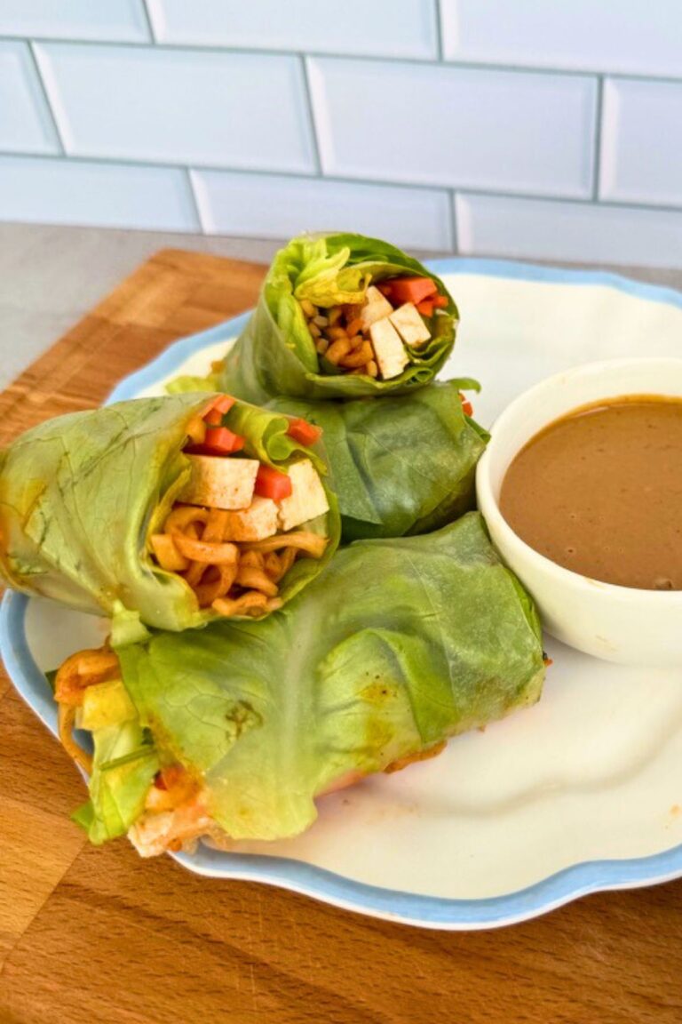 spicy ramen noodle spring rolls recipe with tofu, lettuce, spicy ramen noodles, and cucumbers