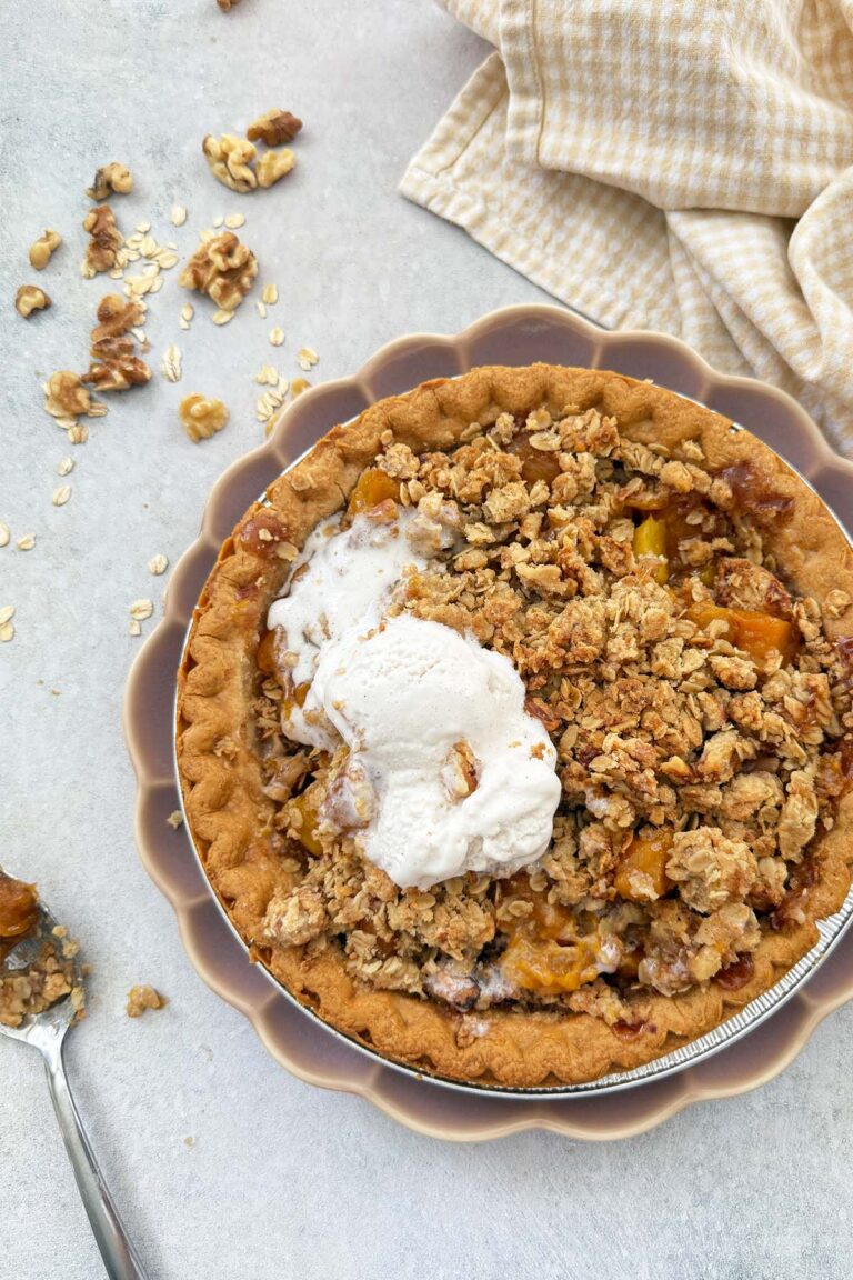 mango and canned peach pie with crumble topping recipe with pre-made pie crust, walnuts, oats