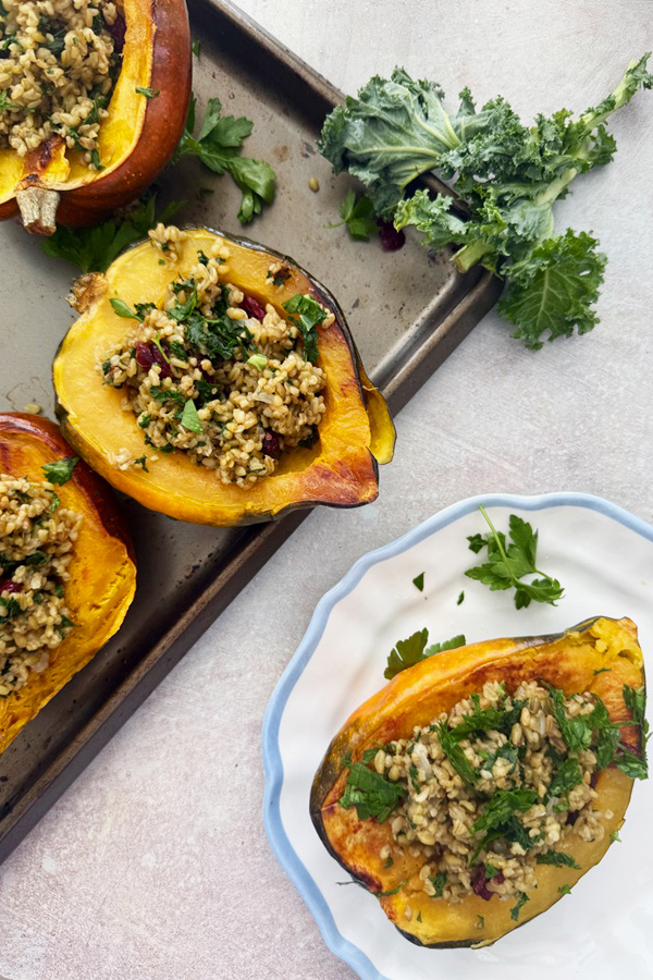 vegetarian acorn squash stuffed with freekeh pilaf