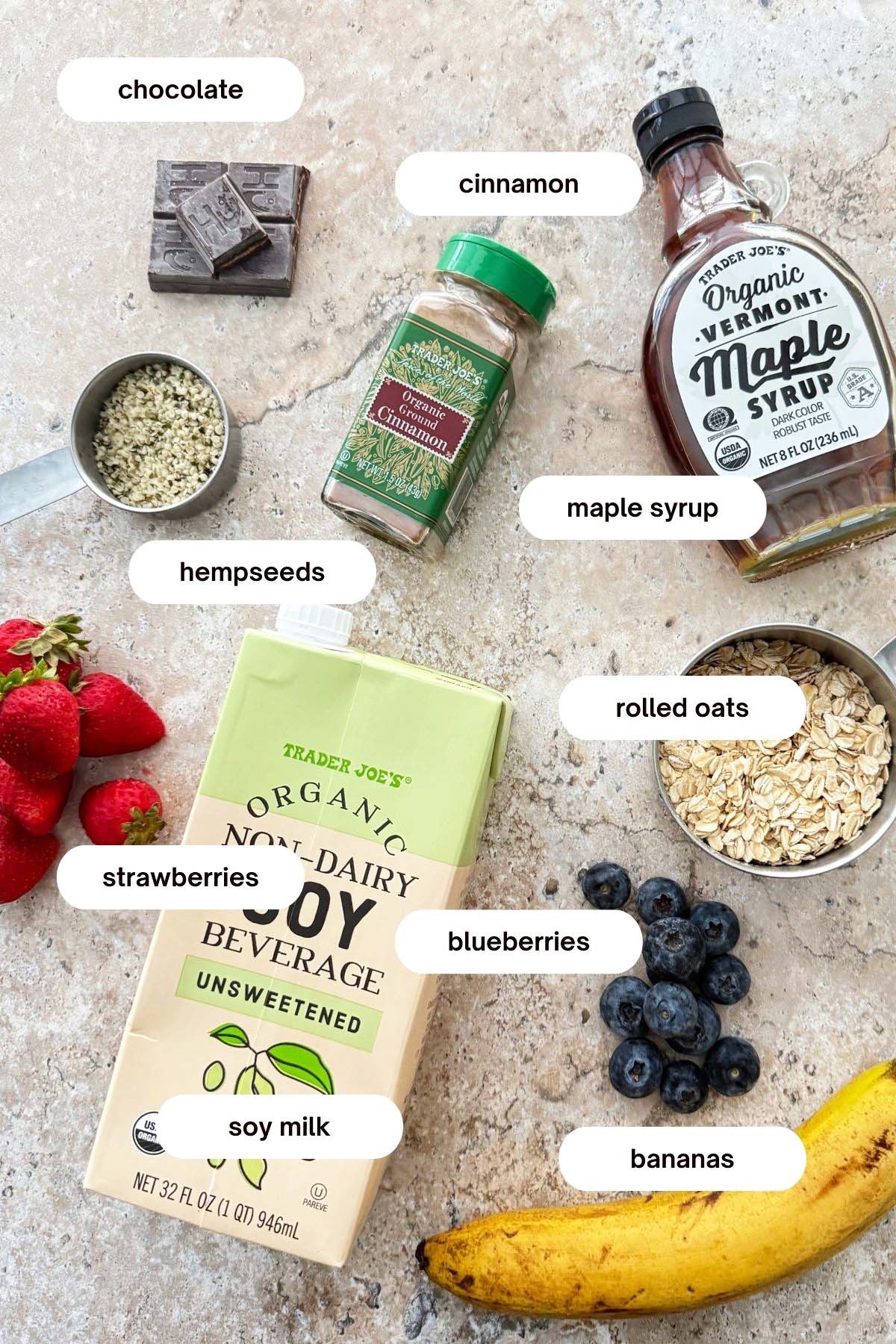 high protein oatmeal ingredients: rolled oats, hemp seeds, soy milk