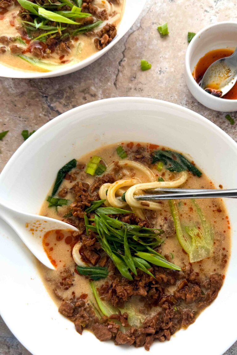 vegan spicy miso peanut udon soup with TVP meat