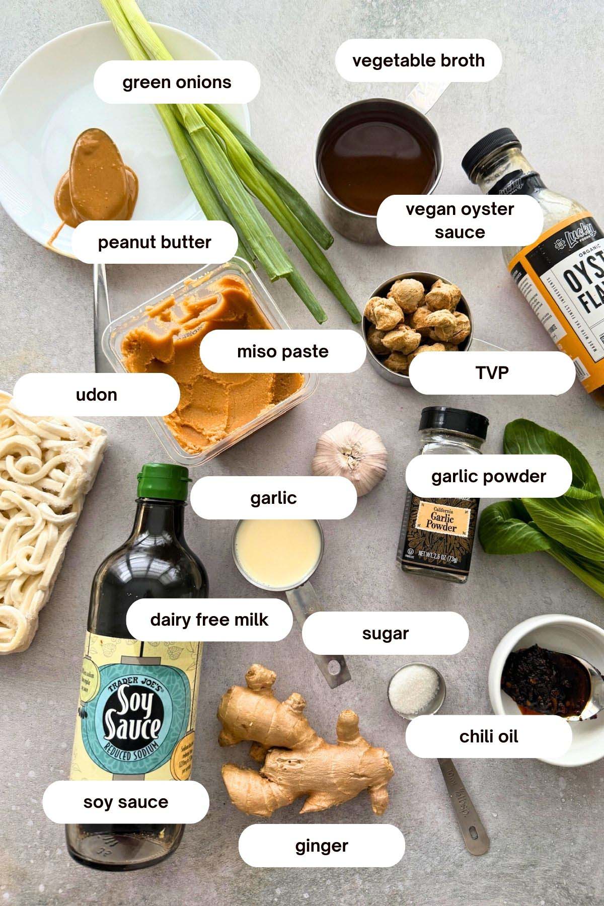 vegan miso udon with TVP ingredients garlic, peanut butter, soy chunks, sugar, vegan oyster sauce
