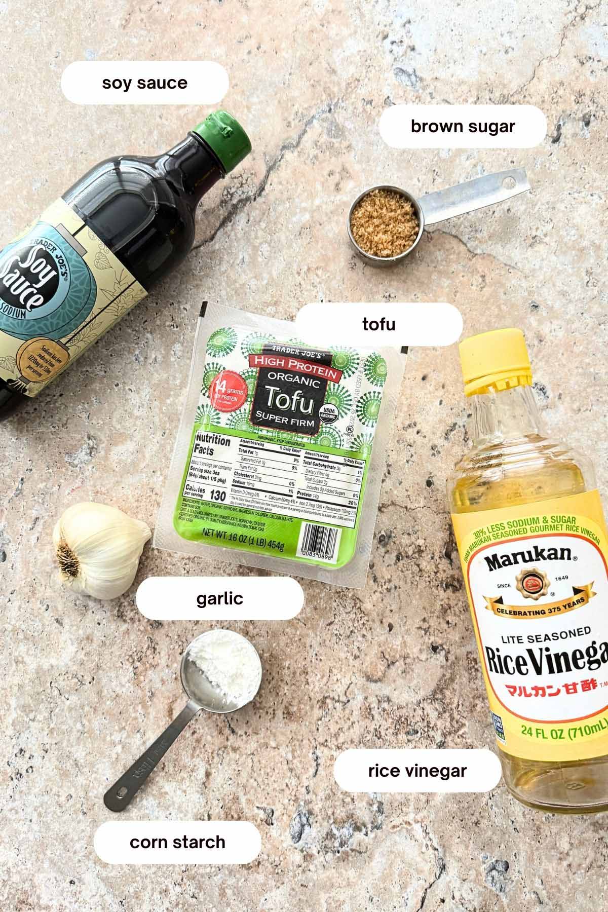 crispy sticky tofu bowls ingredients soy sauce, garlic, rice vinegar, corn starch, tofu, brown sugar