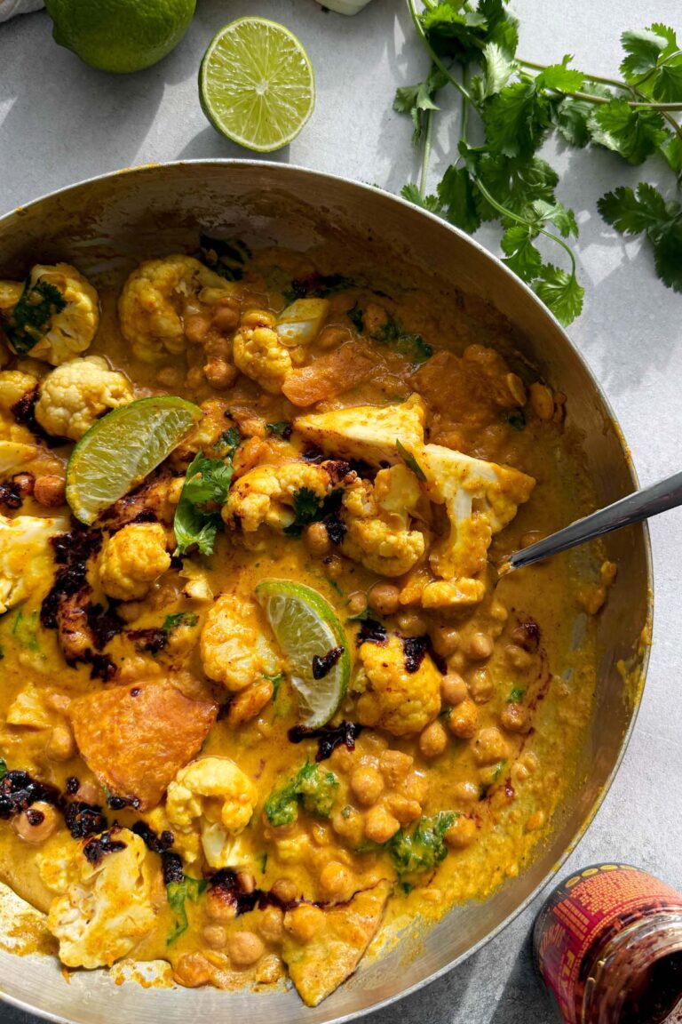 easy one pot roasted pumpkin and cauliflower yellow curry with chickpeas