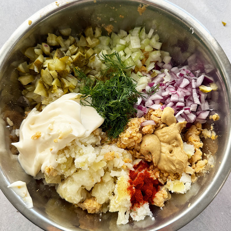 chickpea and potato salad prepped ingredients mashed chickpeas