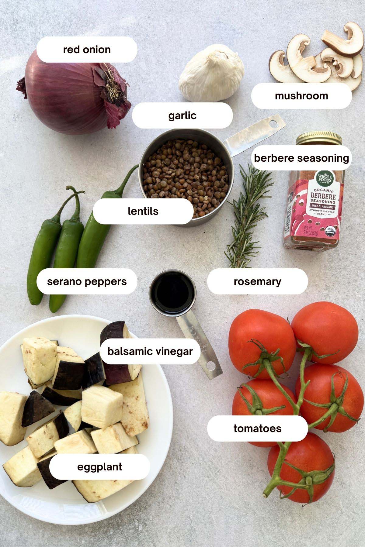 vegan ethiopian vegetable tibs recipe ingredients lentils, mushrooms, red onions, serrano peppers, balsamic vinegar, rosemary, berbere spice, tomatoes, eggplant