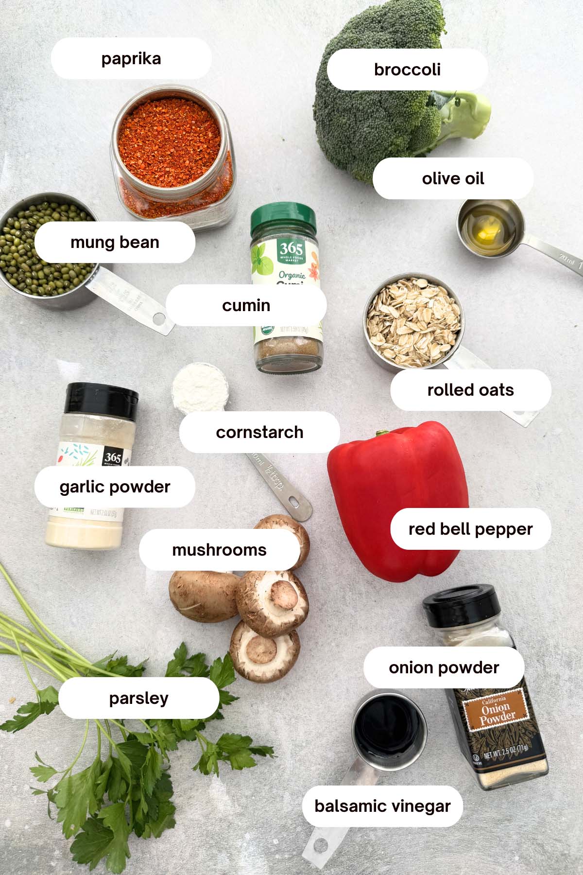 mung bean burger recipe ingredients, mung beans, broccoli, red bell pepper